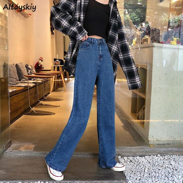 

jeans women solid mopping loose wide leg trousers denim plain high waist vintage streetwear ulzzang students all-match female, Blue