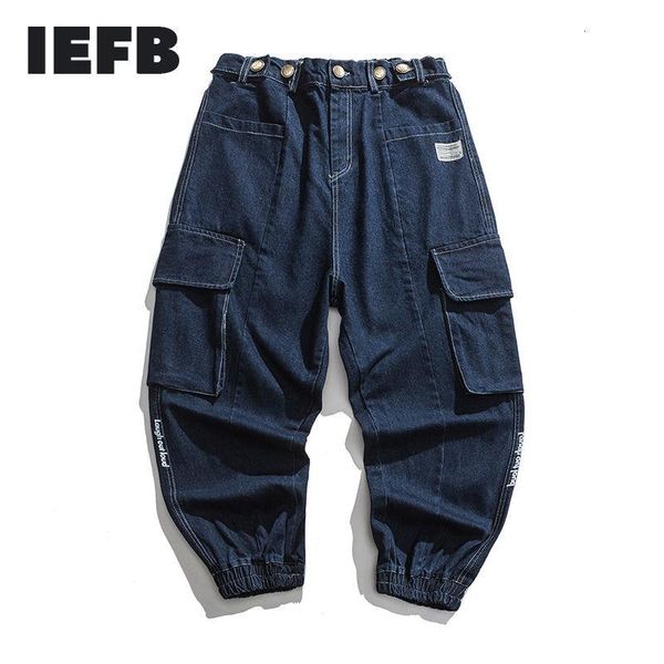 

men's jeans iefb denim workwear cargo pants 2021 black navy blue loose wide leg elastic wiast causal long 9y8296