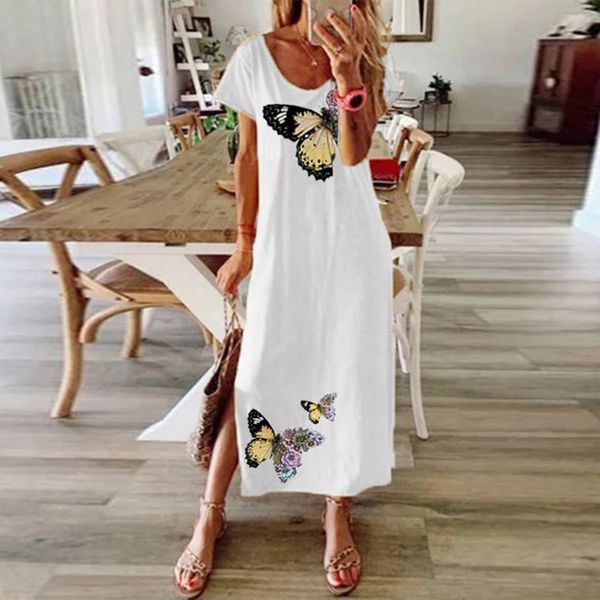 

summer dresses women daisy butterfly print boho dress o-neck short sleeve party dress vintage casual slit long dress vestidos#w3 vlfc, Tan;black