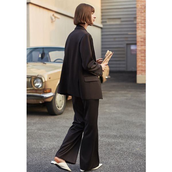 

autumn ael vintage winter women pant suit dark brown loose blazer jacket & wide leg pants 2021 office suits female 87vw, White;black