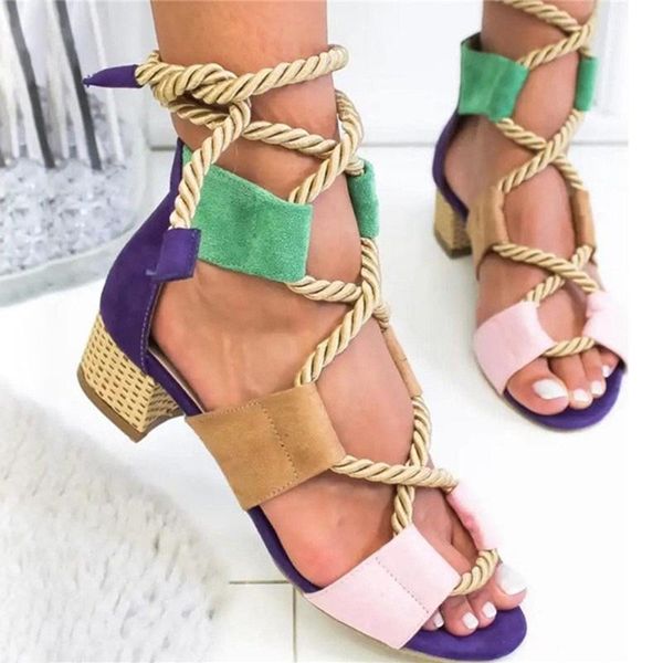 

sandals rimocy bohemia cross strap gladiator women 2021 mix color woven mid heel shoes woman lace up plus size sandalias, Black