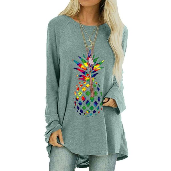 

women's t-shirt colorful pineapple print tshirt for woman oversize full sleeve round neck long clothes casual loose irregular fashion t, White