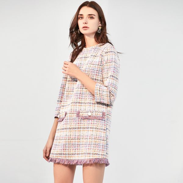 

winter elegant tweed plaid mini dress tassels long sleeve o neck female casual fashion chic dresses vestidos women, Black;gray