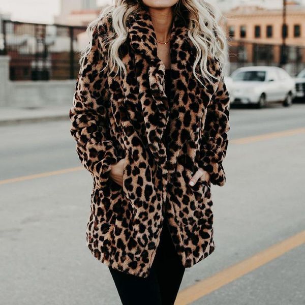

women's fur & faux luxury coat women winter fashion leopard print outerwear warm long sleeve artificial jacket plush clothing, Black