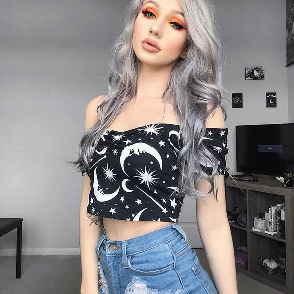 

dark stretch short t-shirt women harajuku short sleeve starry sky printed women's clothing black tshirt, White