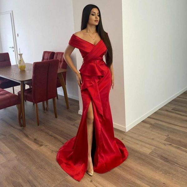 

elegant red satin floor length evening dresses off shoulder high slit with sashes prom gowns a line 2022, Black;red