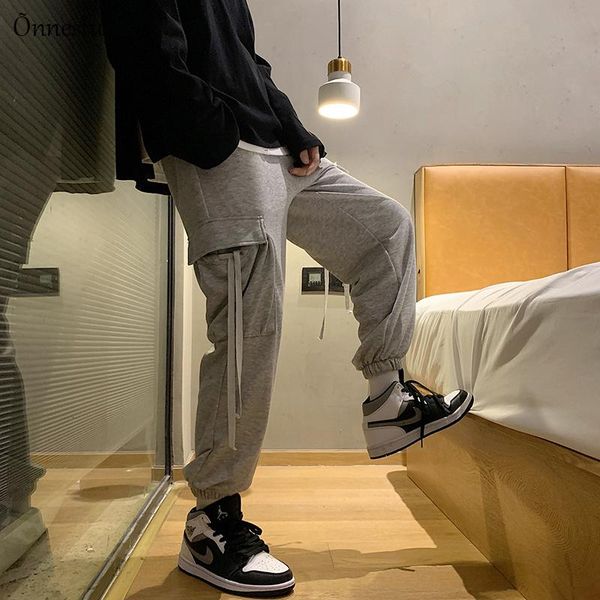 

onnestun men's pants spring 2021 new sport pants hip hop jogger causal fashion long webbing design harem men streetwear, Black