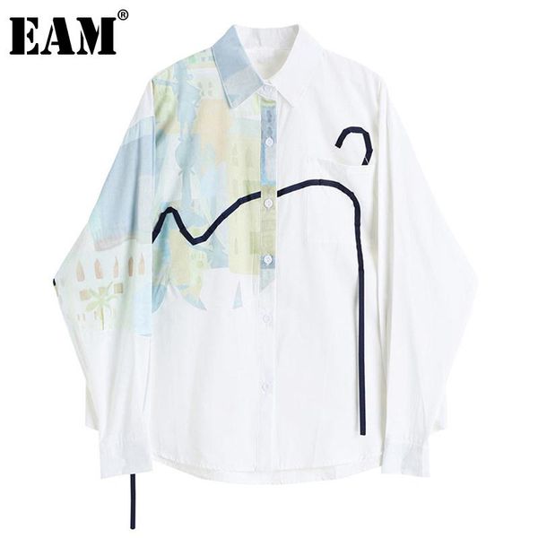 

women's blouses & shirts [eam] women big size print pattern tassels blouse lapel long sleeve loose fit shirt fashion tide spring autumn, White