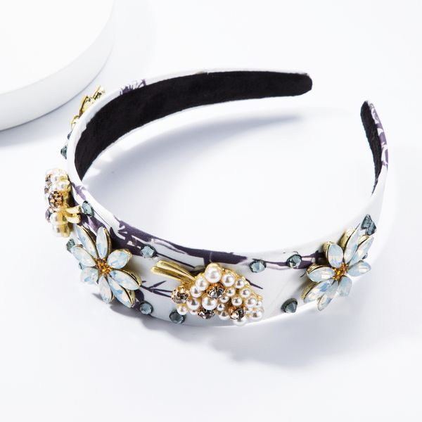 

fan fashion luxury headband imitation pearl glass diamond diamond flower cloth hair band women's hair accessories, Silver