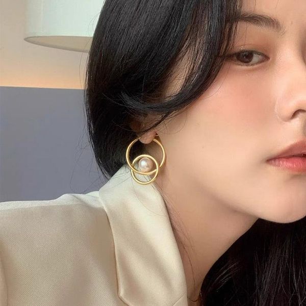 

hoop & huggie double circle pearl metal gold earrings for women girls personality geometric earring 2021 trendy pendientes jewelry, Golden;silver