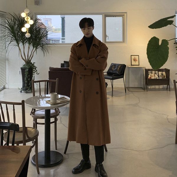 

2021 new winter thick men's slim fashion warm long men streetwear oversize woolen coat mens overcoat m-2xl 6xzf, Black