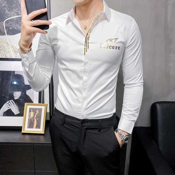 

men's dress shirts bronzing letter print shirt men slim fit formal for camisa hombre casual long sleeve streetwear chemise v249, White;black