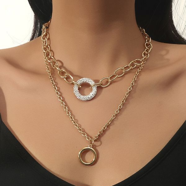 

double layer chain ring pendant with diamond necklace, Silver