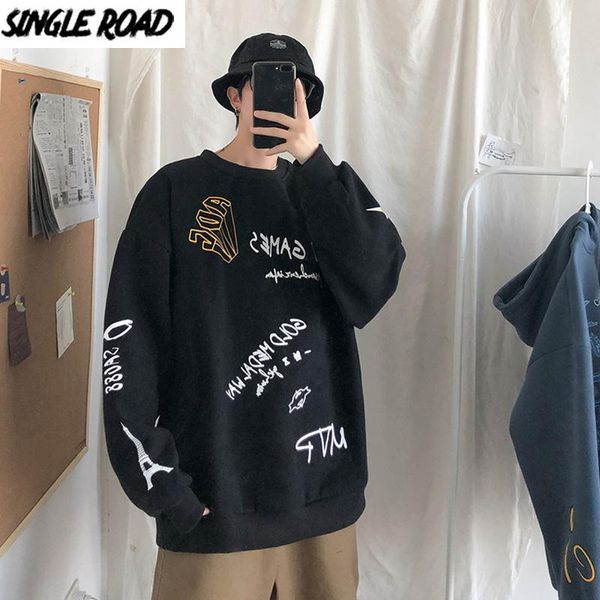 

men's hoodies & sweatshirts singleroad mens crewneck sweatshirt men 2021 winter oversized hip hop harajuku japanese streetwear black ho