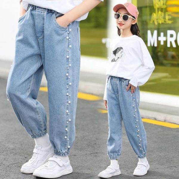 

jeans fashion girls ripped toddler spring fall clothing cute pearl children broken hole pants light blue denim trousers 2021