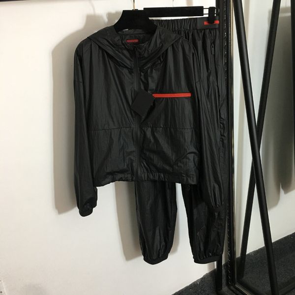 

women's hoodies & sweatshirts luxury spring and autumn women triangle long-sleeved hooded jacket +work pocket trousers two piece set ld, Black