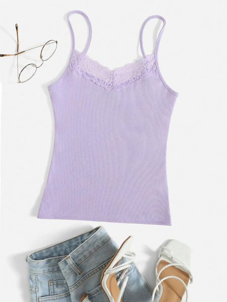 

lace trim rib knit cami h7zg#, White