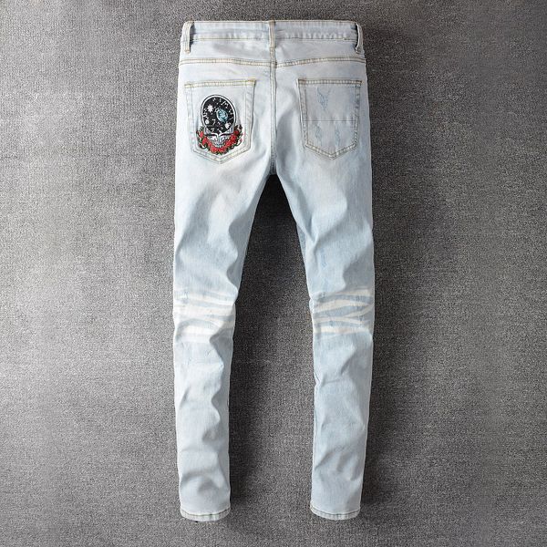

summer men's mens bear embroidery patchwork hip hop light blue streetwear holes ripped stretch denim skinny 7w07