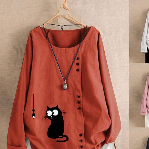 

women blouse autumn fish print long sleeve cotton linen shirt womens and blouses blusas mujer de moda 2021, White