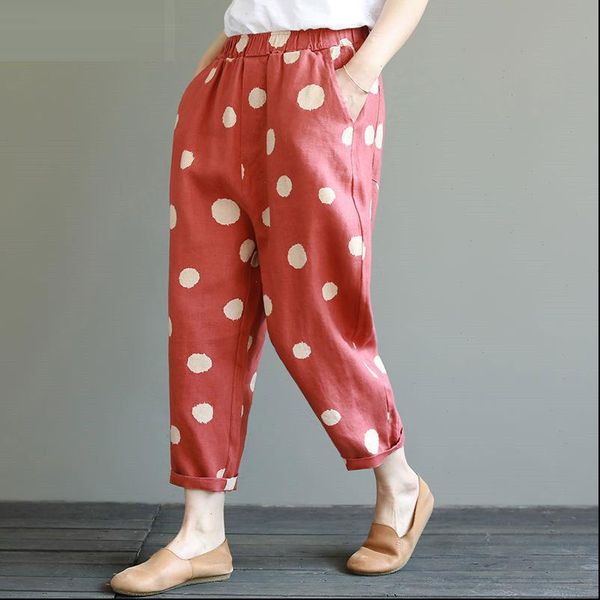 

90% cotton vintage loose harem pants spring summer dot print elastic waist casual cotton linen ankle length pants plus size d69, Black;white