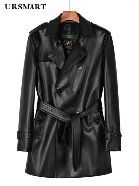 

men's trench coats leather windbreaker medium and long british trend double breasted clothes thickened autumn winter co, Tan;black