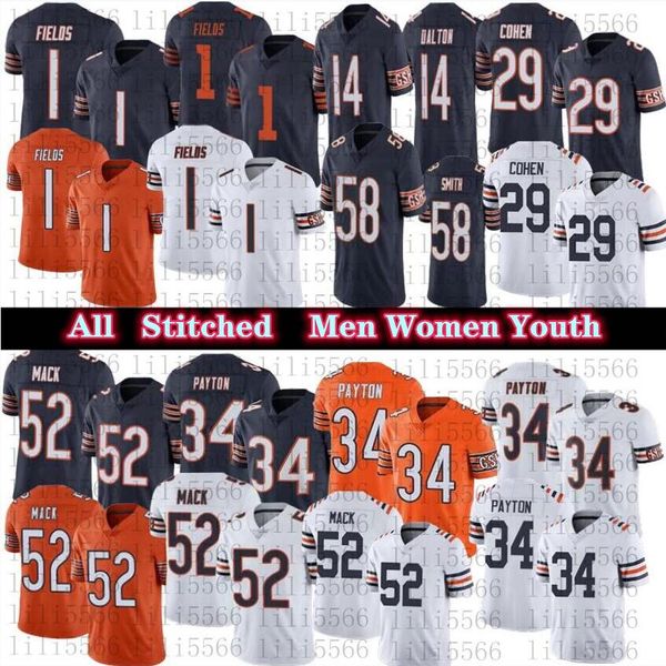 

mens women football jersey 1 justin fields 52 khalil mack 34 walter payton stitched jerseys, Black;red