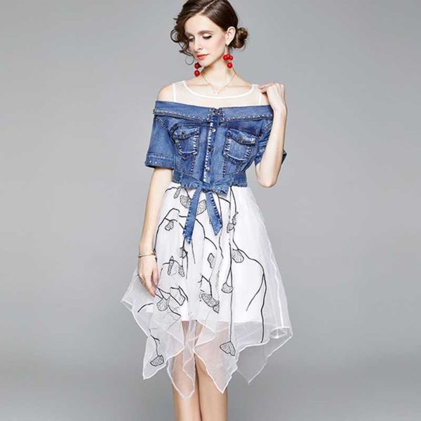 

summer women off shoulder denim patchwork organza retro fashion asymmetrical dresses vestidos 210526, Black;gray