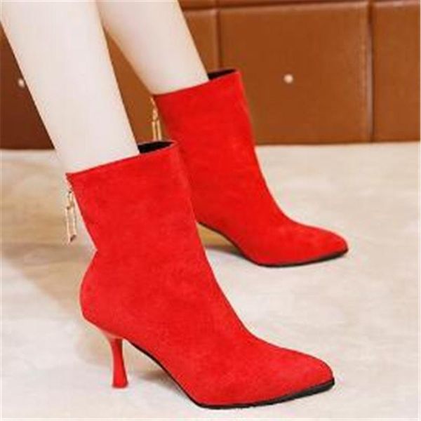 

boots winter women's high-heeled shoes lady pointed flock warm ankle fashion comfortable zip bare black brown