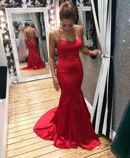 

party dresses long red haler mermaid prom custom made sweep train satin criss-cross back evening gowns dress for women, White;black