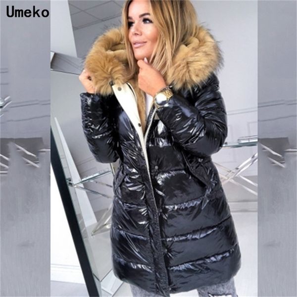 

umeko fashion parka coats long cotton casual fur hooded jackets women thick warm winter parkas female overcoat coat y201006, Black;brown
