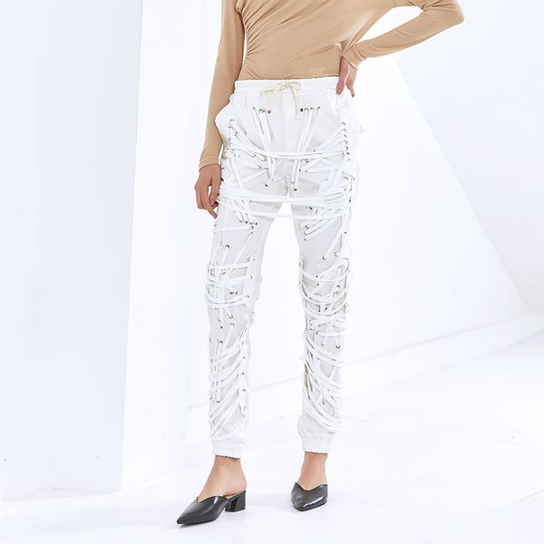 

streetwear cross bandage pants for women high waist lace up casual trouser female 2021 fashion new clothing tide, Black;white