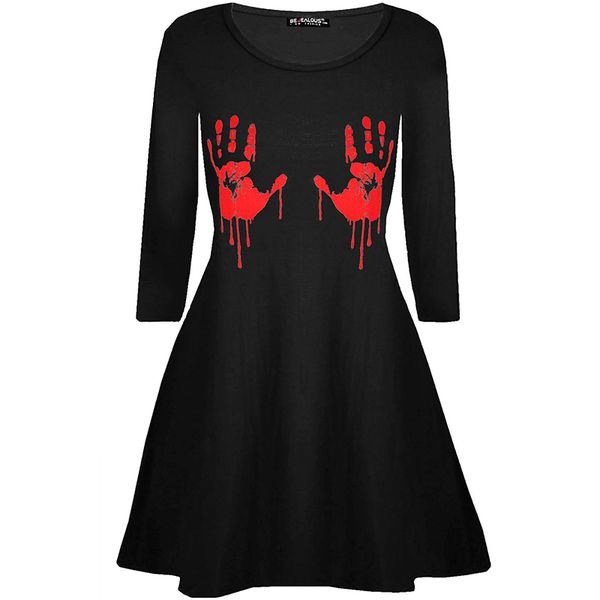 

Halloween dress palm print round neck waist big swing long sleeves, Black;gray