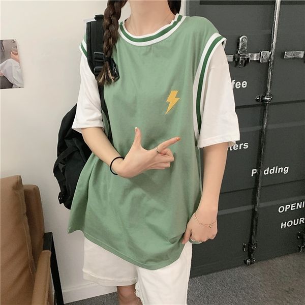 

cotton summer 2021 new korean loose and fake two piece short sleeve t-shirt lazy wind ball suit women's high street, White;black
