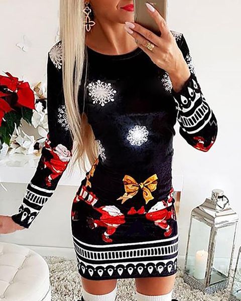 

casual dresses christmas mini dress women 2021 autumn fashion moose snowflake print long sleeve reindeer sven vintage xmas, Black;gray