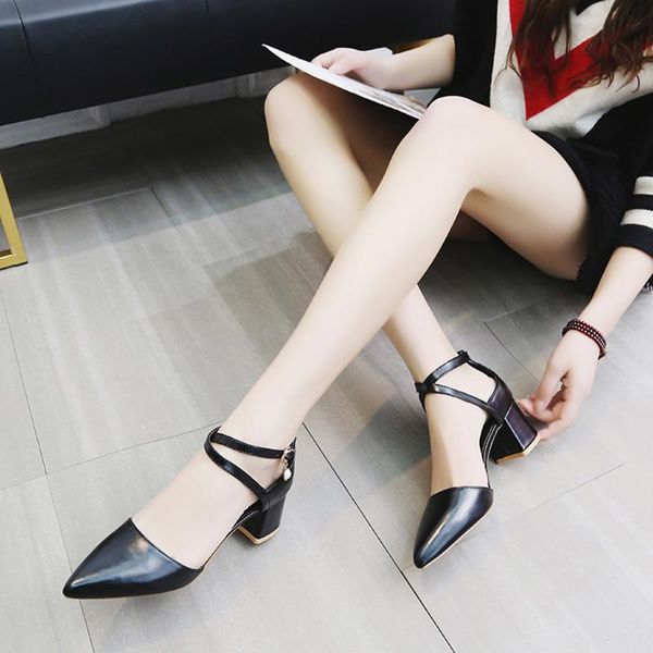 

dress shoes women's solid color pointed belt buckle sandals high heeled heel zapatos de mujer, Black