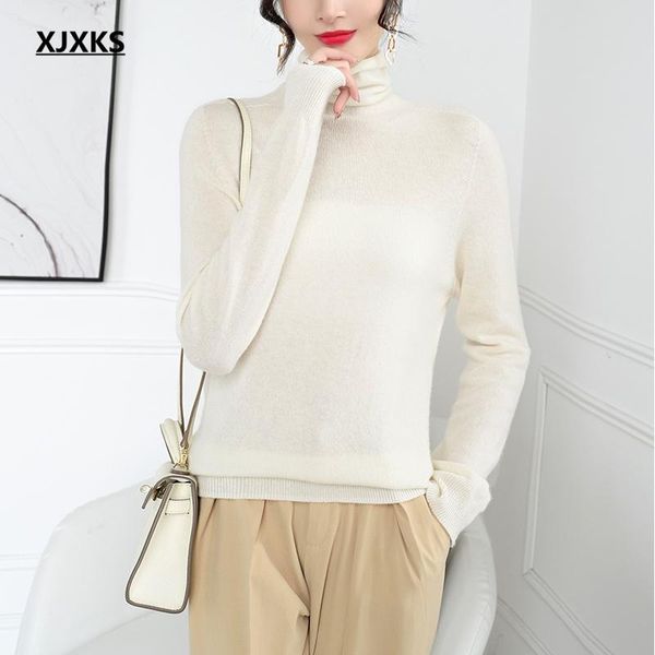 

women's sweaters xjxks 2021 autumn winter 100% wool knitted sweater women pullover pure color all-match comfortable turtleneck, White;black