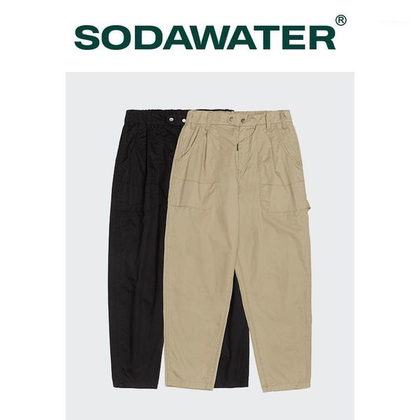 

men's pants sodawater 100% cotton casual men loose ankle-length cargo tactical joggers male military multi-pocket trousers, Black