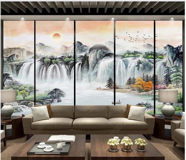 Papel de parede personalizado 3d murais de parede wallpapers cachoeira paisagem tv fundo tinta paisagem estilo chinês pintura decorativa parede