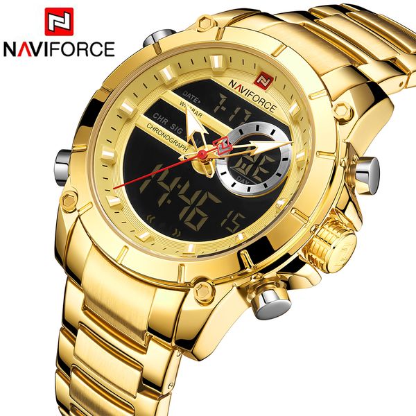 

naviforce sport men watches fashion nice digital quartz wrist watch steel waterproof dual display date clock relogio masculinog, Slivery;brown