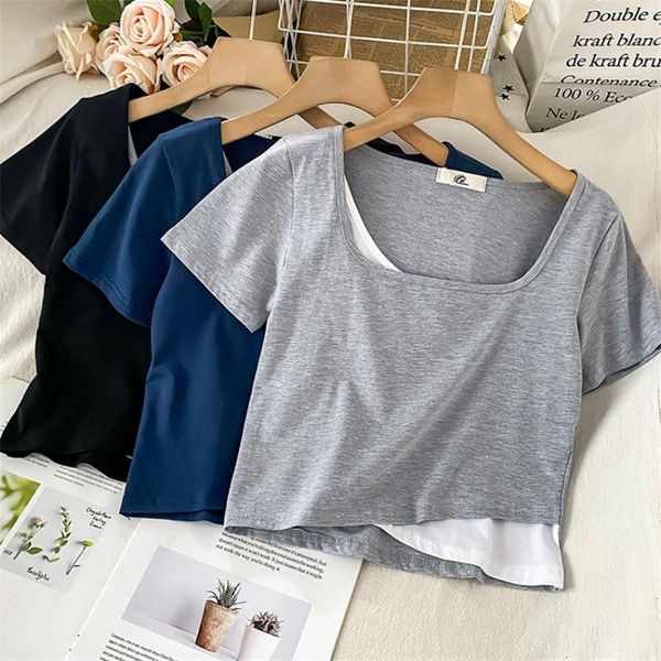 

women's t-shirt 2021 harajuku summer tshirt crop women short sleeve patchwork slim tees shirt femme korean high street cropped, White