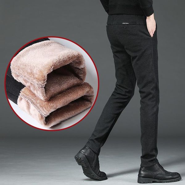 

men's pants brand classic men winter fleece straight long business casual thicken work trousers man ropa de hombre, Black