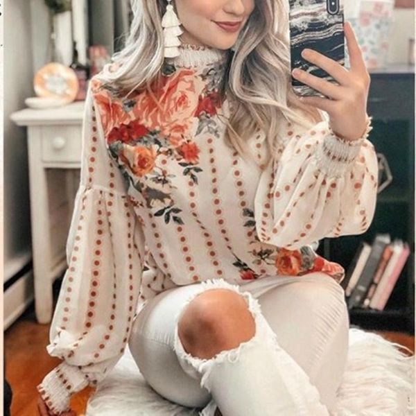 

women's blouses & shirts vintage floral print blouse women long sleeve o-neck chic shirt 2021 chiffon boho, White