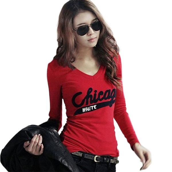 T-shirt rosse per le donne Abiti stile moda coreana donna Scollo a V Manica lunga magliette donna Casual Top rossi Magliette femminili 210317