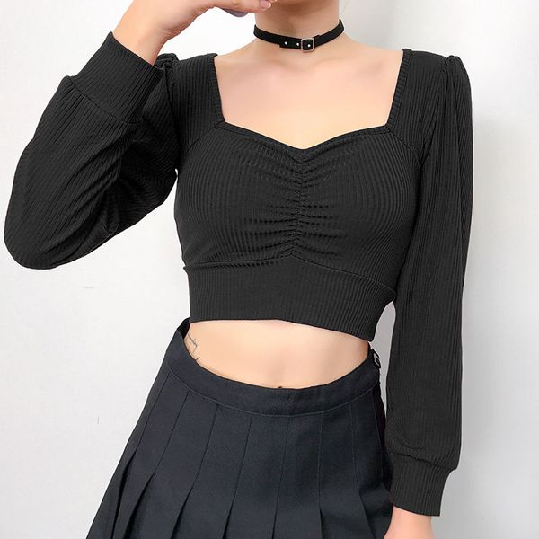 

women long sleeve crop square collar basic solid black lady casual tshirt off shoulder t shirts summer autumn top, White