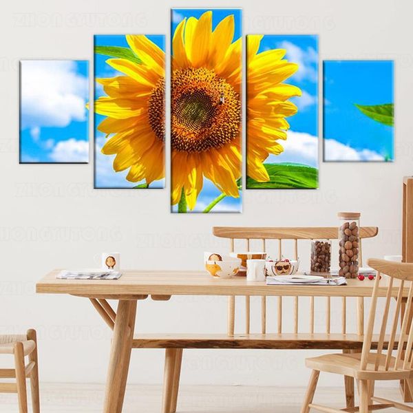 

paintings hd canvas living room framework home decoration printed modern 5 panel sunflowers pictures painting wall art modular poster