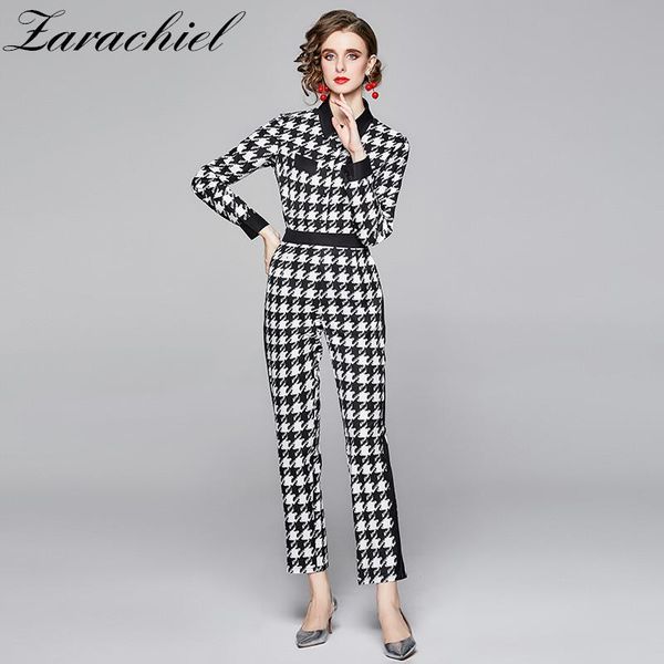 

women's two piece pants fashion houndstooth twinest pant set autumn women black white plaid print contrast shirt + pencil trousers suit