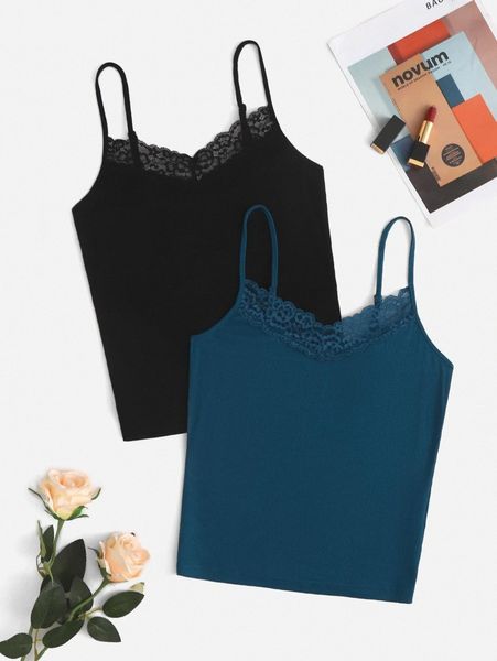 

2pcs solid lace trim cami g6nj#, White