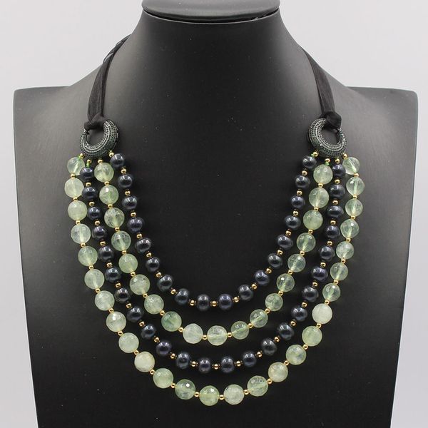 

guaiguai jewelry natural black pearl green round faceted prehnite real stone necklace green cz connector handmade for women, Silver