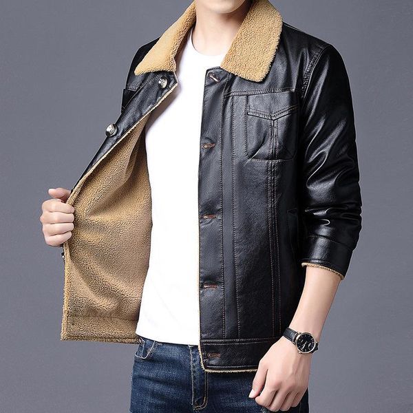 

men's fur & faux 2021 autumn leisure motorcycle jacket plus velvet leather coat clothing big size collar, Black
