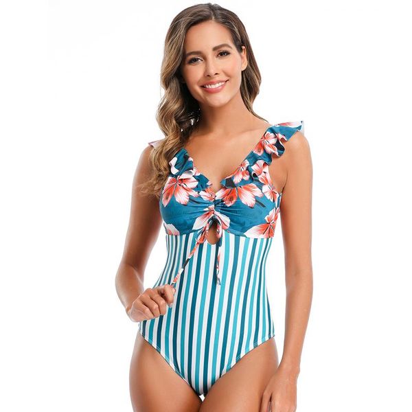 

one piece swimsuit for women lace up ruffled monokini swimwear v neck bandage back floral bathing suit woman swimming clothes